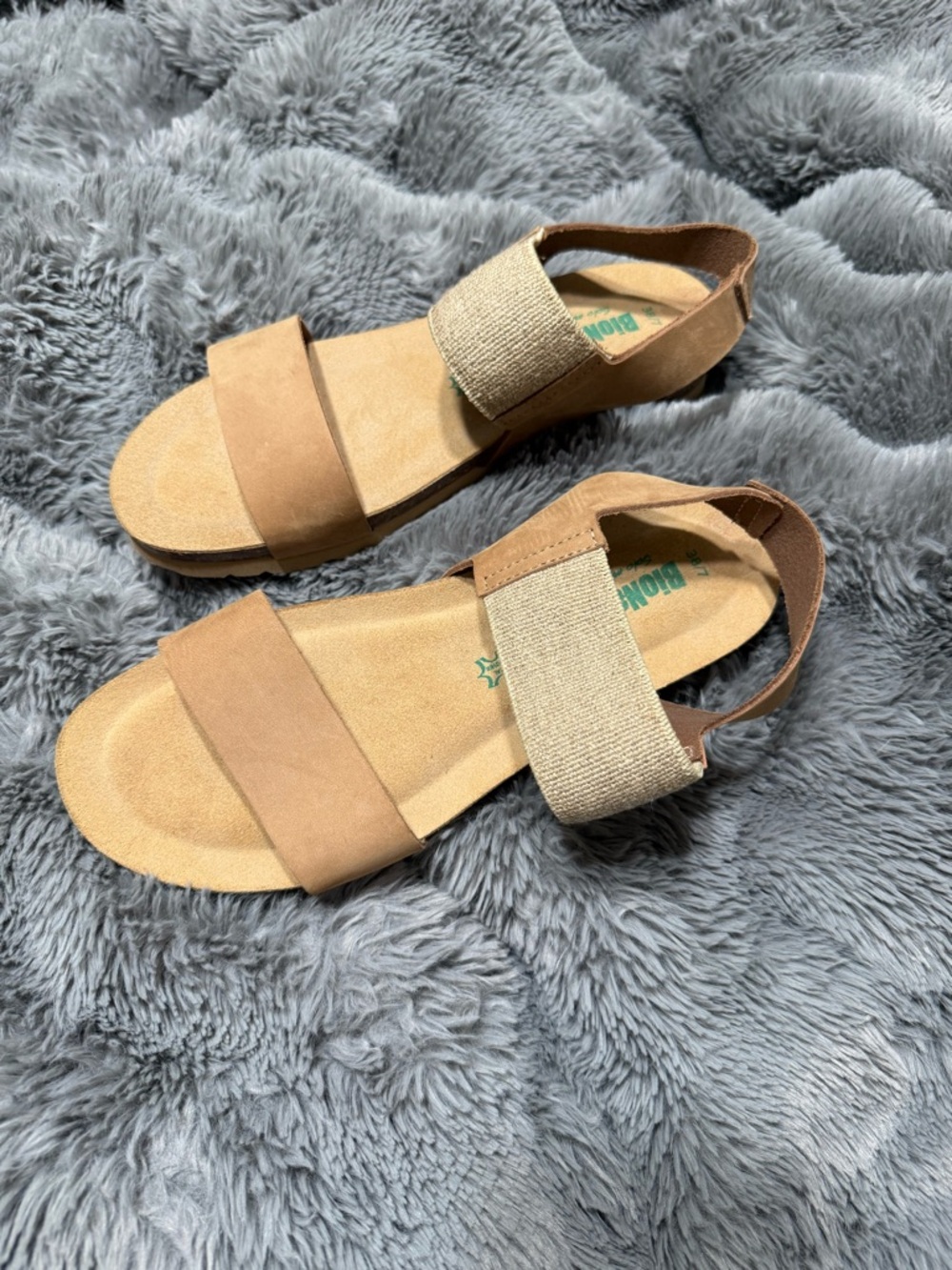 BioNatura Women’s Leather Cork Sandals Flats Tan Neutral Elastic Strap 38/7